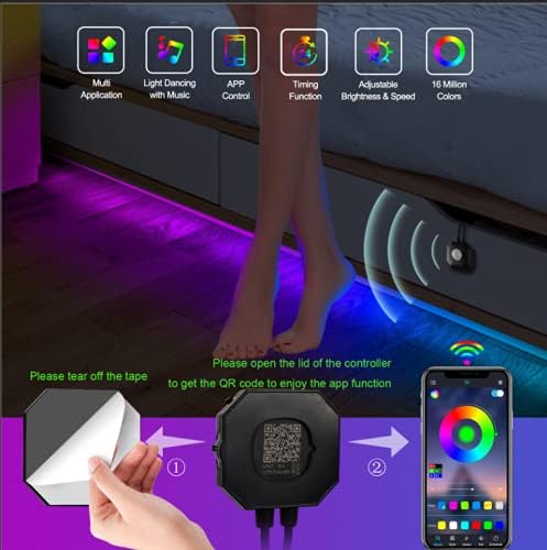Motion Activated Under Bed Lights, 2x9.84ft 5050 RGB Color Changing LED Strip Lights with Sensor, APP Control and Music Sync, Dimmable Night Light for Bedroom Stair Father Day Gifts