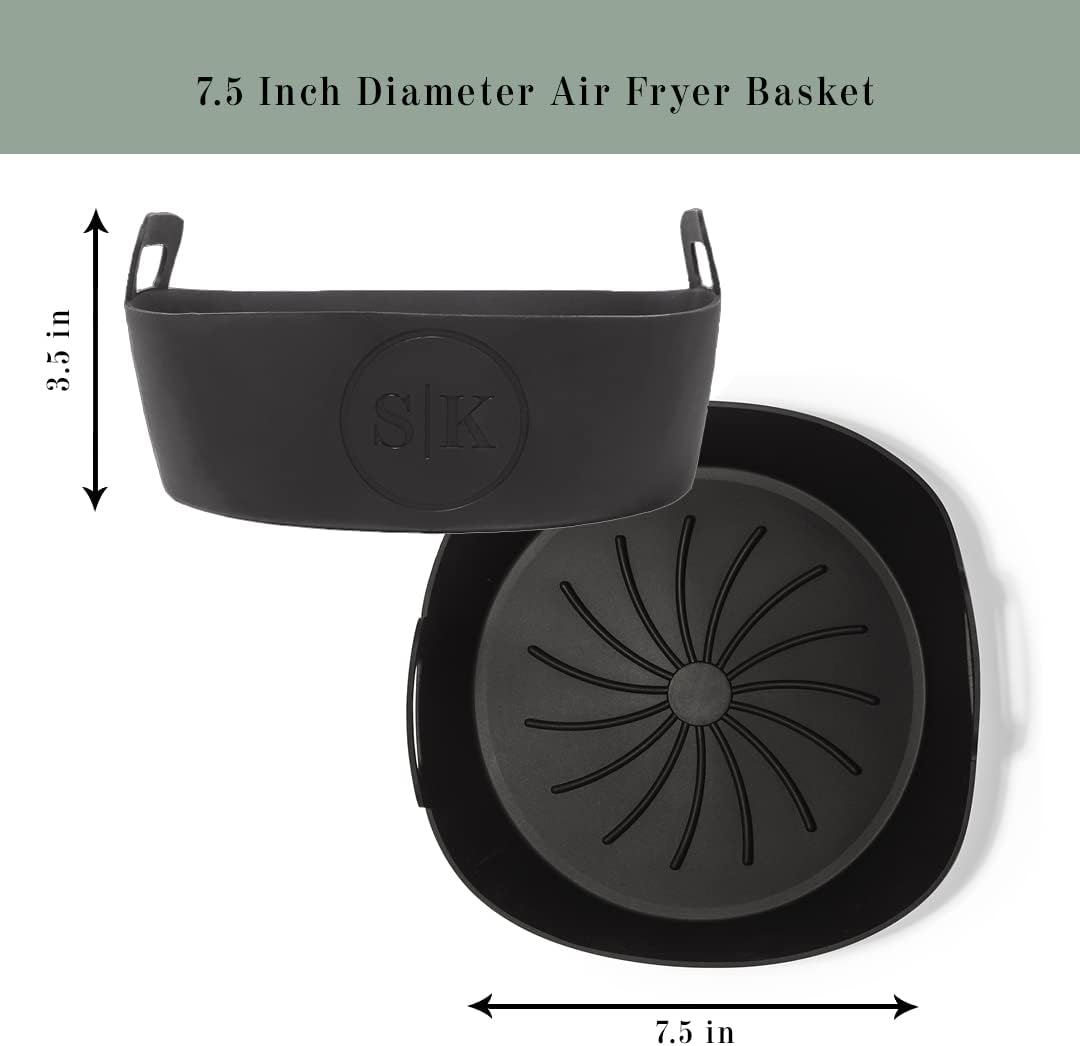 The Silicone Kitchen Reusable Silicone Air Fryer Liner with Conversion Chart Magnet, Dishwasher Safe, BPA Free, 7.5 Inch Diameter, Matte Black