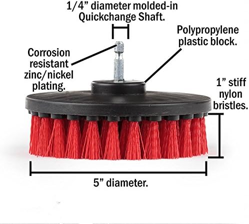 Drill Brush Heavy Duty 2PCS – Clean Tile & Grout 5X faster – Spin Away Rust, Soap Scum, Mineral Deposit, Hard Water Stain – 5″ Diameter Stiff Red Nylon Bristle with Metal Shaft Attachment