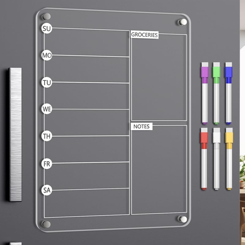 Acrylic Meal Planner Magnetic Menu Board for Kitchen Fridge, 13"x9" Clear Weekly Calendar Planning Board Noteboard Refrigerator Dry Erase Board to Do/Grocery/Shopping Lis Includes 6 Markers