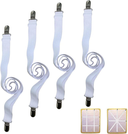 Sheet Straps for Queen Size Bed, Bed Sheet Clips Fasteners and Suspenders, Elastic 27 to 90 Inch Bed Sheet Holder Straps for King Twin Bed, Sofa Mattress Cover Tablecloth, 4Pcs (White)