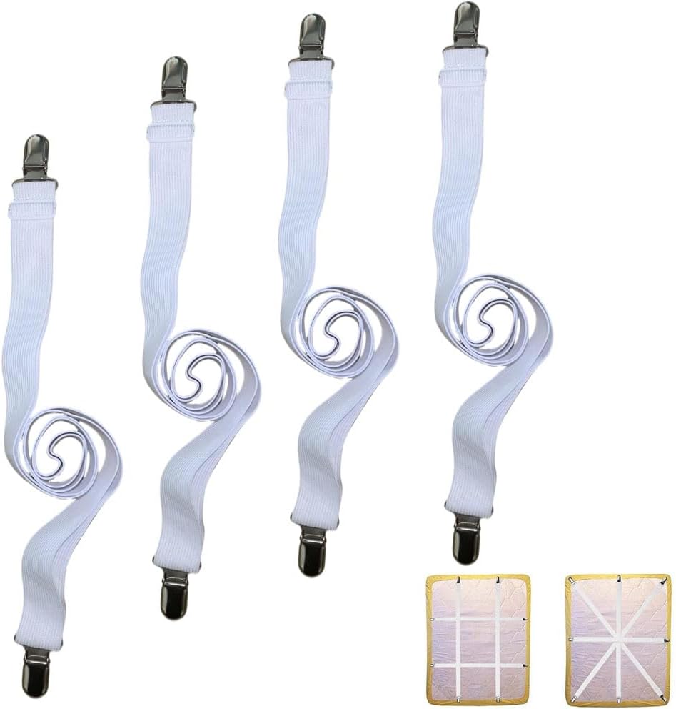 Sheet Straps for Queen Size Bed, Bed Sheet Clips Fasteners and Suspenders, Elastic 27 to 90 Inch Bed Sheet Holder Straps for King Twin Bed, Sofa Mattress Cover Tablecloth, 4Pcs (White)