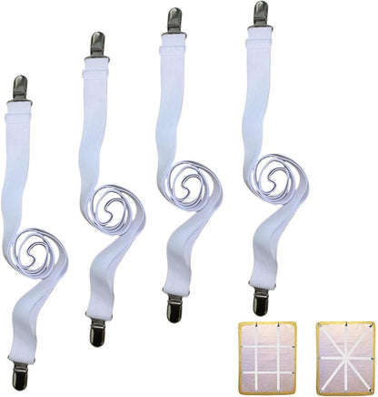 Sheet Straps for Queen Size Bed, Bed Sheet Clips Fasteners and Suspenders, Elastic 27 to 90 Inch Bed Sheet Holder Straps for King Twin Bed, Sofa Mattress Cover Tablecloth, 4Pcs (White)