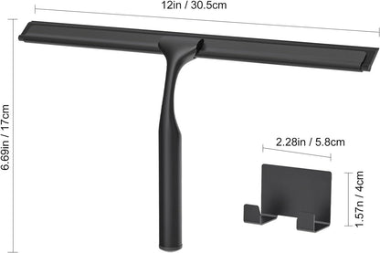 Shower Squeegee for Glass Doors, Stainless Steel Shower Squeegee for Bathroom, Window and Tiles, All-Purpose Squeegee with Adhesive Hook-10”, Chrome
