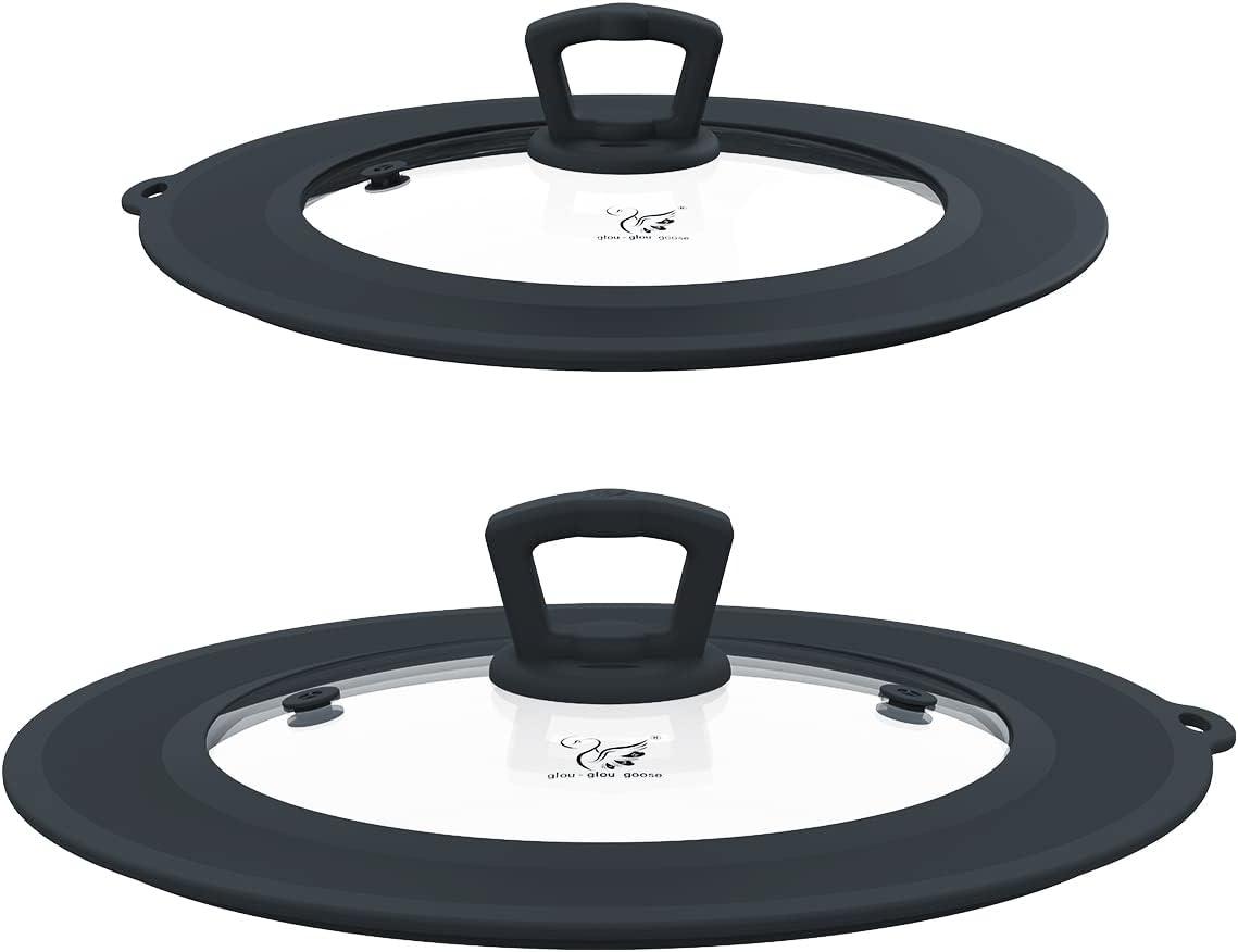 Vented Tempered Glass Universal Lid for Pot Pan Skillet with Heat Resistant Silicone Rim Microwave Splatter Lid Cover Microwave Safe Fit 11.5" 12" 12.5" Cookware, Dishwasher Safe Black
