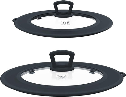 Vented Tempered Glass Universal Lid for Pot Pan Skillet with Heat Resistant Silicone Rim Microwave Splatter Lid Cover Microwave Safe Fit 11.5" 12" 12.5" Cookware, Dishwasher Safe Black