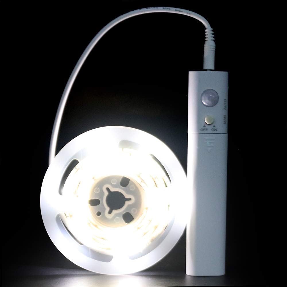 3.3Ft PIR Motion Sensor LED Cabinet Lights, Waterproof Battery Powered DC 5V 3528 Strip Tape Under Bed lamp Light for Closet Wardrobe Stairs Hallway(White)