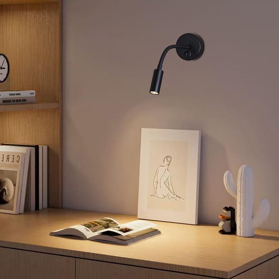 LED Reading Lamp 3W Warm White 3000K for Reading Books Black Plug Cord 2PCS (RS032)