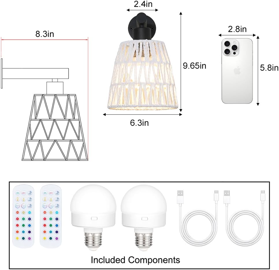 Boho Battery Operated Wall Sconces, Rattan Wall Sconce Set of 2 with Remote, RGB 15 Colors Dimmable Rechargeable Wall Light, Black Indoor Wireless Wall Lamp, Farmhouse Rattan Wall Lighting for Bedroom