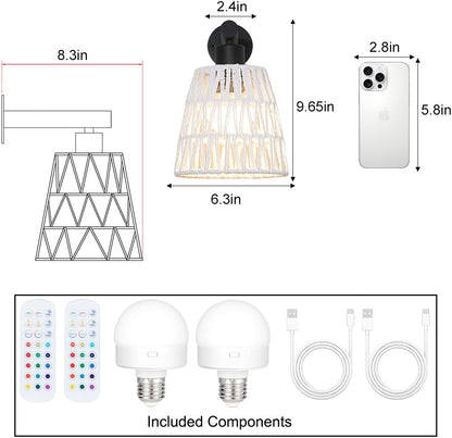 Boho Battery Operated Wall Sconces, Rattan Wall Sconce Set of 2 with Remote, RGB 15 Colors Dimmable Rechargeable Wall Light, Black Indoor Wireless Wall Lamp, Farmhouse Rattan Wall Lighting for Bedroom