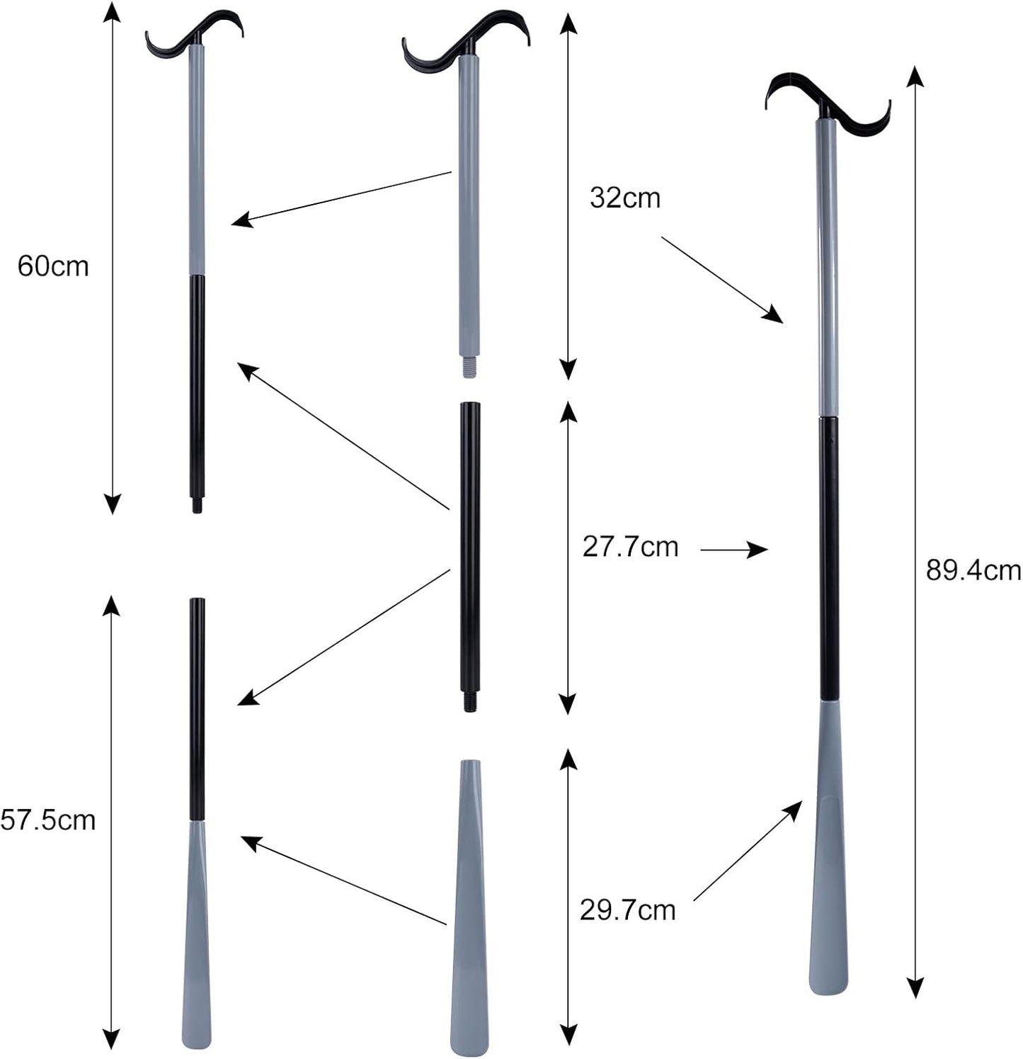 35" Long Dressing Stick with Shoe Horn with Sock Removal Tool, Adjustable Extended Dressing Aids for Shoes, Socks, Shirts and Pants