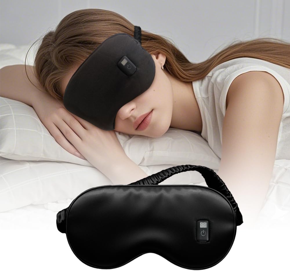 Rechargeable Heated Eye Mask for Sleeping - Soft 100% Mulberry Silk Sleep Mask for Women & Men, Portable Electric Heat Therapy for Dry Eyes, Headache, Puffy Eyes (Charcoal Black)