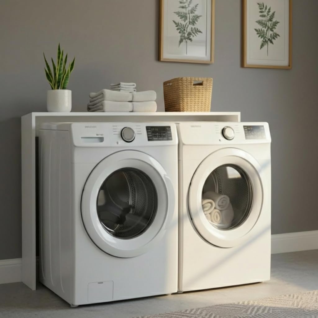 Over the Washer and Dryer Storage Shelf, Laundry Shelf, White | Engineered Wood, Laundry Room Organizer with Side Panels, Wall-Mounted, Top Surface for Folding and Supplies