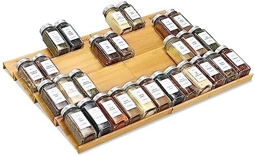 Spice Drawer Organzier,4 Tiers Bamboo Spice Rack Tray Insert for Cabinet Drawer Countertop, Kitchen Seasoning Storage Drawer Organization,14.57" Wide x 15.8" Deep （Hold UP To 32 Jars