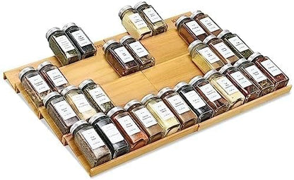 Spice Drawer Organzier,4 Tiers Bamboo Spice Rack Tray Insert for Cabinet Drawer Countertop, Kitchen Seasoning Storage Drawer Organization,14.57" Wide x 15.8" Deep （Hold UP To 32 Jars