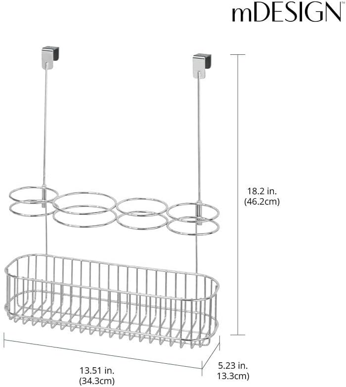 mDesign Metal Bathroom Storage Tool Organizer Accessory Basket Tray - Hang Over Cabinet Door - Storage for Hair Dryer, Straightener, Curling Iron & Hair Styling Products - Concerto Collection - Chrome
