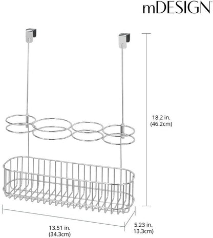 mDesign Metal Bathroom Storage Tool Organizer Accessory Basket Tray - Hang Over Cabinet Door - Storage for Hair Dryer, Straightener, Curling Iron & Hair Styling Products - Concerto Collection - Chrome
