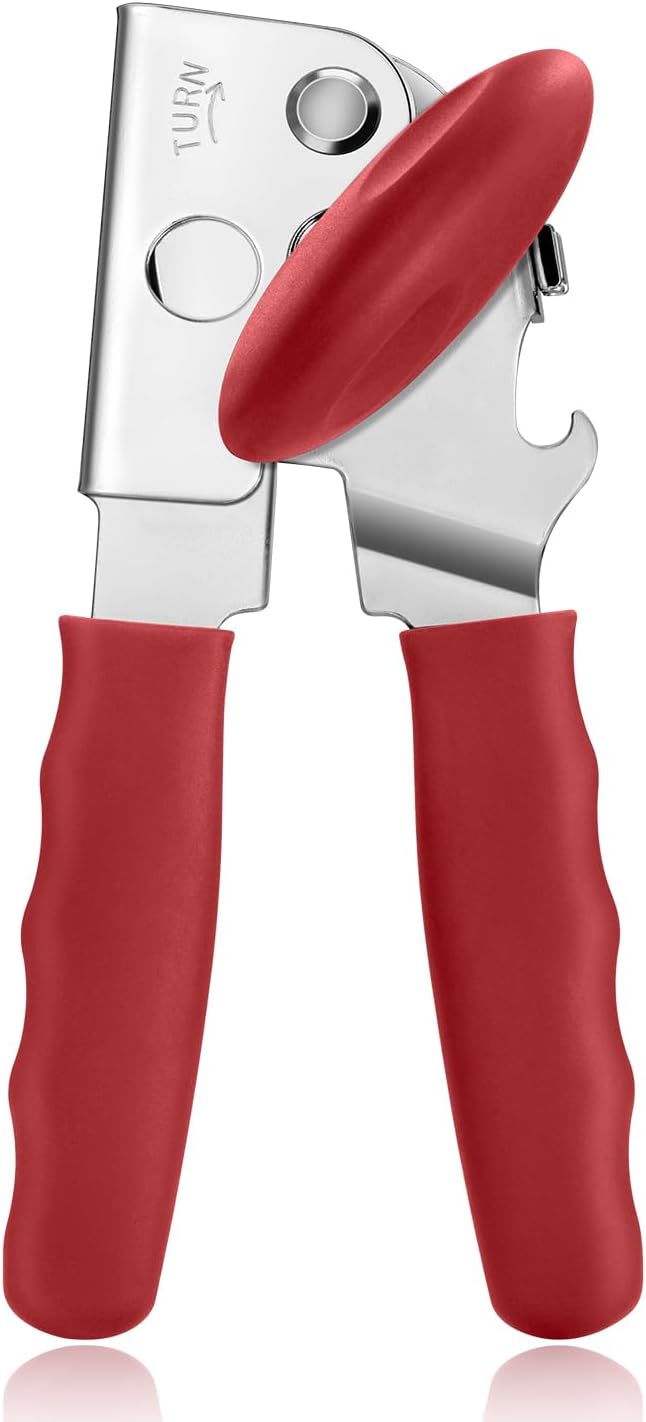 UHIYEE Heavy Duty Hand Can Opener with Comfortable Grip for Seniors, Black | Manual Can Opener, Hardened Steel Blade, Rubber-Coated Handle, Oversize Knob, Built-in Magnet & Bottle Opener