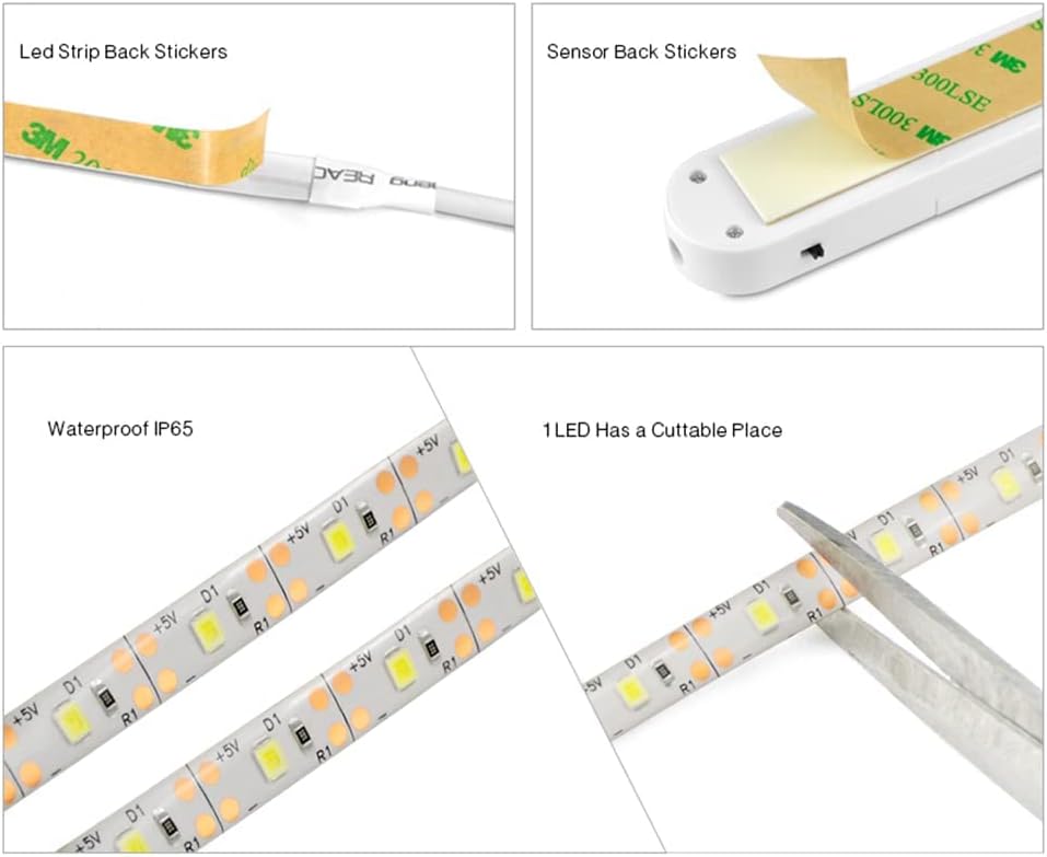 LED Under Cabinet Lighting Motion Sensor 9.84Ft Four Modes Bed Stairs Wardrobe Lamp Tape,Waterproof 5V USB LED Closet Night Strip Light (3M, Warm White)