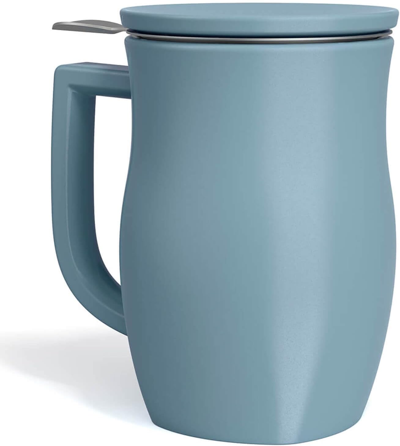 Tea Forte Ceramic Fiore Tea Cup with Infuser, Blue Agave, 14 oz | Insulated Ceramic - Stainless Steel Loose Leaf Infuser - Keeps Tea Hot Longer - Lid Included - Microwave & Dishwasher Safe