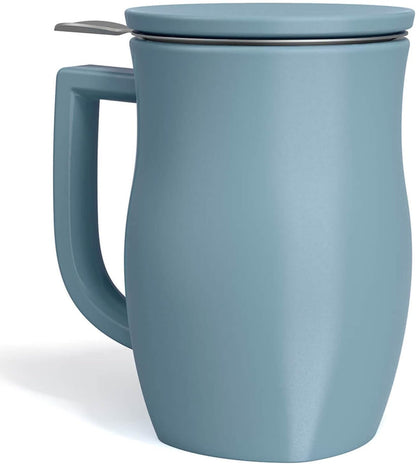 Tea Forte Ceramic Fiore Tea Cup with Infuser, Blue Agave, 14 oz | Insulated Ceramic - Stainless Steel Loose Leaf Infuser - Keeps Tea Hot Longer - Lid Included - Microwave & Dishwasher Safe