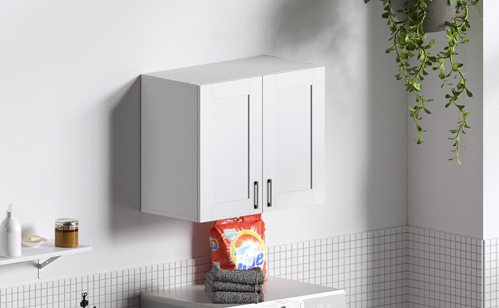 White Laundry Room Cabinets and Storage with 4 Doors and Utility Adjustable Shelf，Gabinetes Para Cocina Cupboard Kitchen Organizers and Storage Pantry Wall Mounted 12.4"D x 47.2"W x 19.7"H