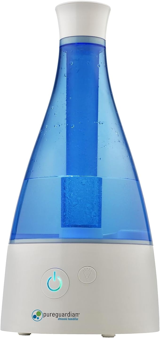 PureGuardian Ultrasonic Cool Mist Humidifier, 30 Hrs. Run Time, 0.5 Gal. Tank Capacity, 350 Sq. Ft. Coverage, Small Rooms, Quiet, Filter Free, Silver Clean Treated Tank, H940AR