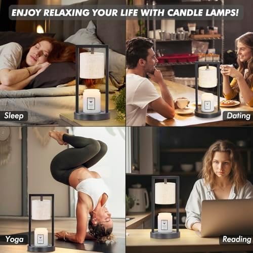 Candle Warmer Lamp with Timer, Black Candle Lamps Linen Fabric Shade, 3-Level Dimmable Candle Warming Wax Melt Warmer for Scented Wax, 50W Electric Warmer Lamp for Women Home Decor (2 Bulbs Included)