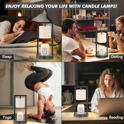 Candle Warmer Lamp with Timer, Black Candle Lamps Linen Fabric Shade, 3-Level Dimmable Candle Warming Wax Melt Warmer for Scented Wax, 50W Electric Warmer Lamp for Women Home Decor (2 Bulbs Included)
