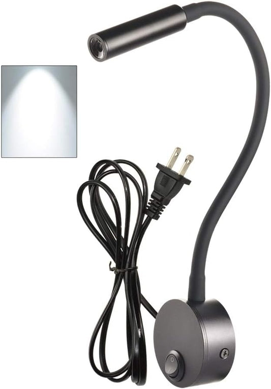 Black Bed Reading Lamp, Wall Mounted 25°Focus Light with 6000K Pure White LED, AC85-265V Adjustable Neck Task Lamp for Bedside, Dorm Bunk Bed, Studio, Marine,Hospital & Hotel, 4.92ft Cord