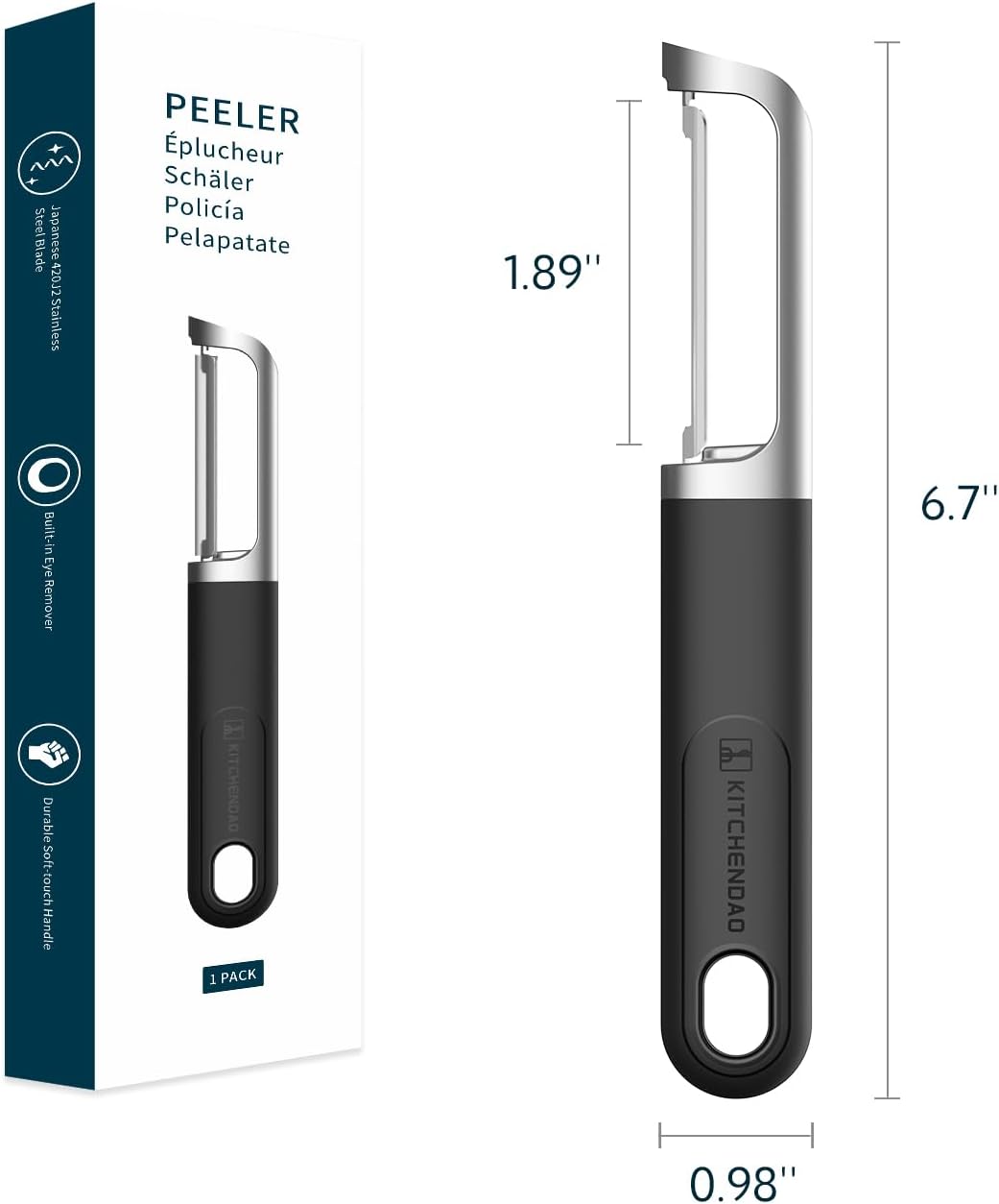KITCHENDAO Swivel Vegetable Potato Peeler for Kitchen -Durable Japanese 420J2 Stainless Steel Sharp Dual Blade- Built-in Eye Remover, Ergonomic Soft-touch Handle - Dishwasher Safe-Black