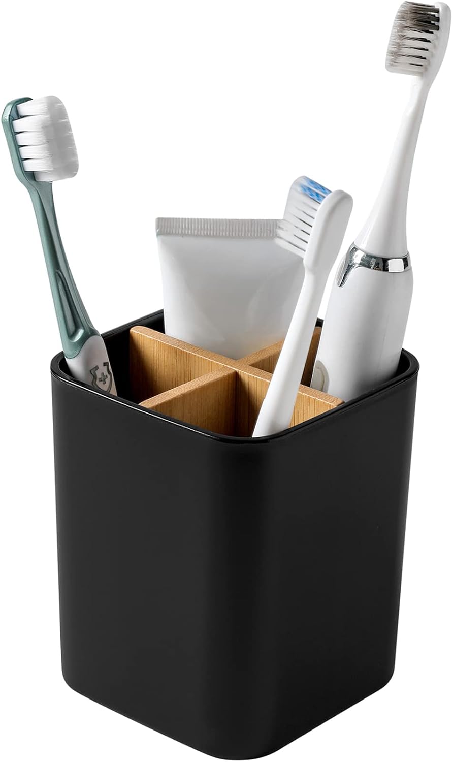 Bamboo Toothbrush Holder for Bathrooms Toothpaste Organizer - Black | Detachable Inserts, 3 Slots, Bathroom Counter Organizer, for Kids Electric Toothbrushes, Floss, Razors
