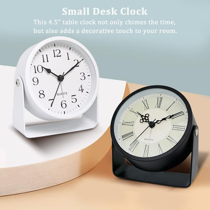 Analog Alarm Clock - 4.5" Silent Non Ticking Small Clock with Light, Rotatable Stand Metal Desk Clock Battery Operated, Simple Design for Living Room Decor/ Bedroom/Bedside/Shelf (Black & White)