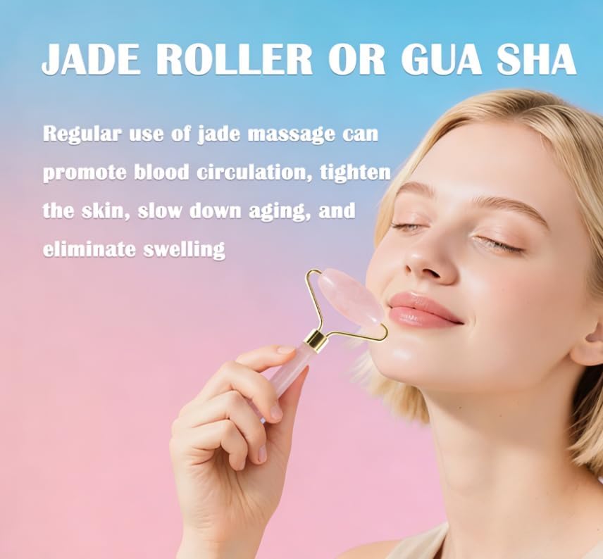Jade Roller Gua Sha Tools - Nature Gua Sha Facial Tool Skin Tightening Face Massager Anti-Aging Jade Face Roller Puffiness Reducing Guasha Stone for Women Men（Green）