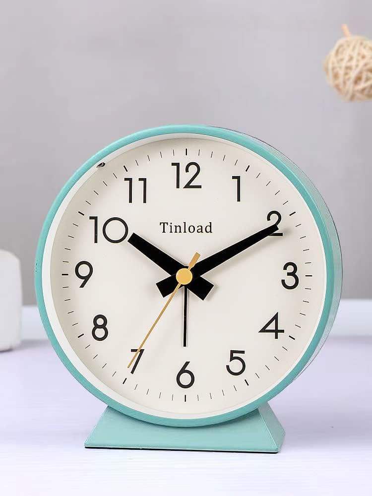 Tinload 4.5" Battery Operated Analog Alarm Clock, Small Silent Bedside Desk Clock with Night Light, Blue
