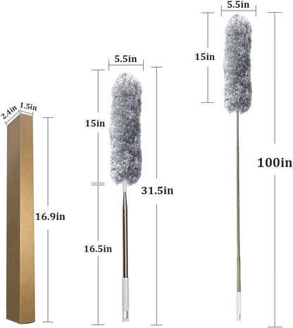 Cobweb Duster with Extension Pole 100 inches, Dusters for Cleaning with 2 Duster Heads, Washable Microfiber Feather Duster for Cleaning Ceiling Fan, High Ceiling, Blinds, Furniture & Cars