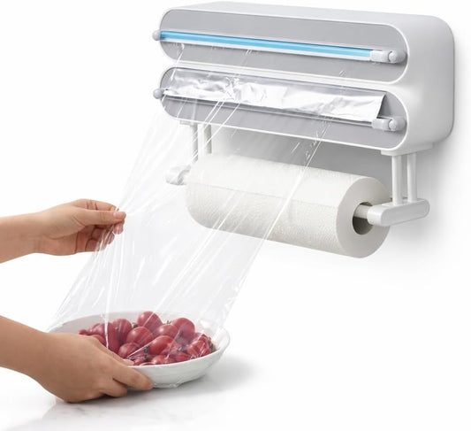 Magnetic Wrap Dispenser with Cutter - 3-in-1 Kitchen Organization and Storage for Plastic Wrap, Aluminum Foil & Paper Towel Holder | Strong Magnet Fridge & Wall Mount (Includes Wrap & Foil)