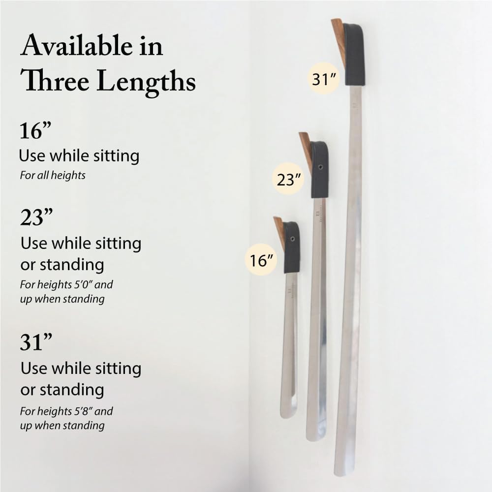 FootFitter 1.8mm Extra Thick Stainless Steel Long Shoe Horn Heavy‑Duty | Reinforced Stainless Steel Design with Leather Grip Handle for Powerful Heel Control, Extended Comfort & Daily Stability