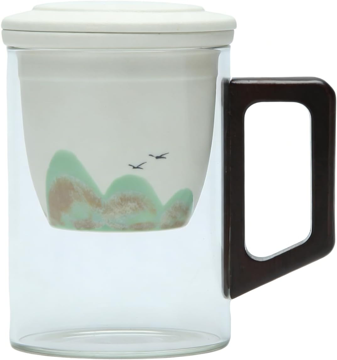 Tea Mug with Infuser and Lid for Loose Leaf Tea, Premium Glass Cup with Ergonomic Wooden Handle, Embossed Oriental Mountain Ceramic Strainer, Unique Gift for Tea Lovers Men Women Black