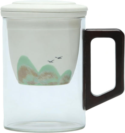 Tea Mug with Infuser and Lid for Loose Leaf Tea, Premium Glass Cup with Ergonomic Wooden Handle, Embossed Oriental Mountain Ceramic Strainer, Unique Gift for Tea Lovers Men Women Black