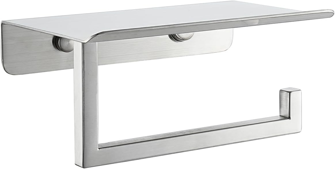 JQK Toilet Paper Holder Shelf, Bathroom Tissue Roll Holder with Phone Shelf, 5 Inch 304 Stainless Steel Tissue Paper Dispenser, Matte Black Wall Mount, TPH202-PB