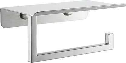 JQK Toilet Paper Holder Shelf, Bathroom Tissue Roll Holder with Phone Shelf, 5 Inch 304 Stainless Steel Tissue Paper Dispenser, Matte Black Wall Mount, TPH202-PB