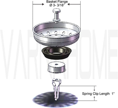 Kitchen Sink Basket Strainer Replacement for US Standard Drains (3-1/2 Inch), Premium 304 Stainless Steel Body W/with Brass Post (Spring Clip) 1 Pack