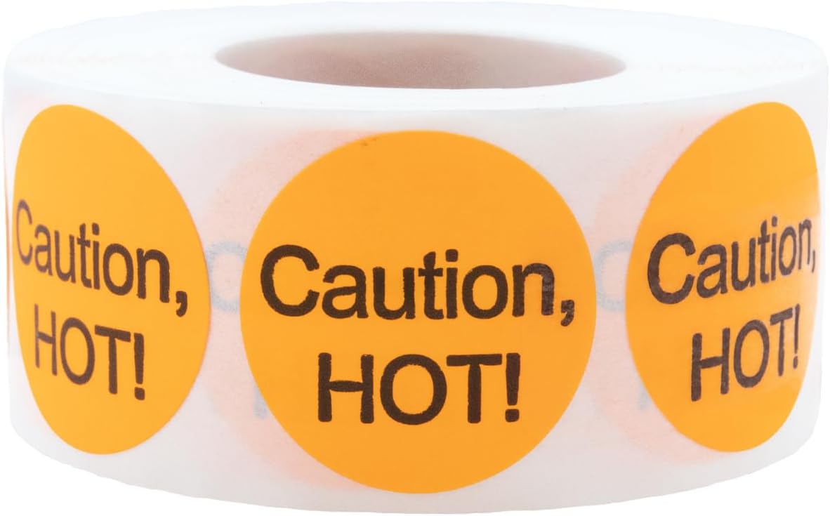 Caution, Hot! Deli Food Rotation 1 Inch Round Circle Dots 500 Total Adhesive Stickers On A Roll