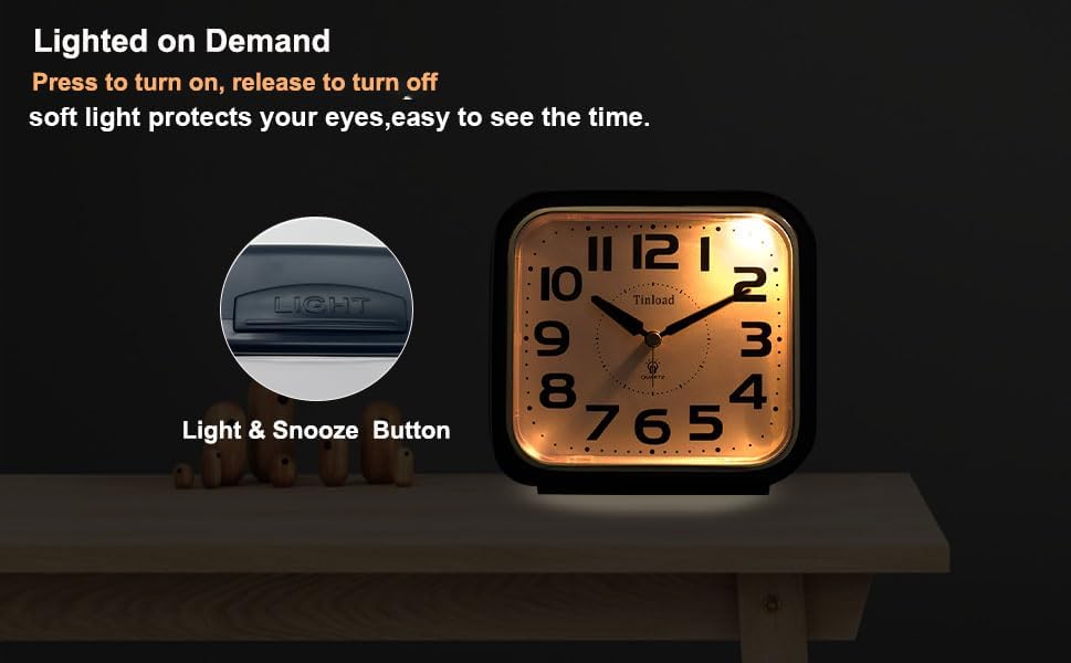 Tinload 5.5" Large Analog Alarm Clock Silent Non Ticking, Gentle Wake, Beep Sounds, Increasing Volume, Battery Operated Snooze and Manual Light, Easy Set, Black (Best for Elder)