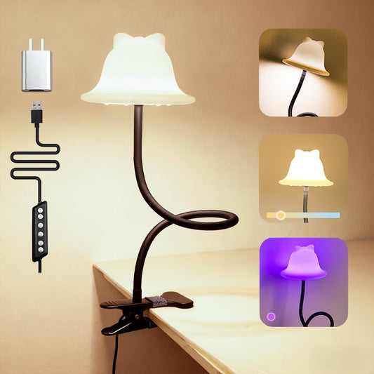 Clip On Light and Bed Reading Light, Clip on for Desk, Bedside Lamps for Dorm, College Dorm Room Essentials, Night Light for Kids Nursery, Multicolor LEDs, Adapter Included