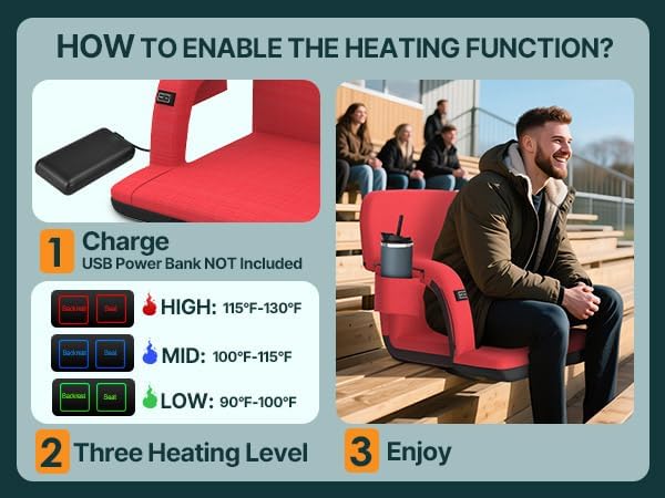 HOPERAN Heated Stadium Seats with Back Support, Dual Control, 1-Pack | Independent Seat & Back 3 Level Heat (NO Battery), Soft Cushion, 6 Recliner, Anti-Slip, Side Pockets, Backpack Straps
