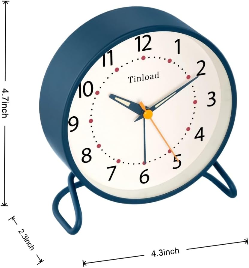 Tinload 4.5" Battery Operated Analog Alarm Clock, Small Silent Bedside Desk Clock with Night Light, Blue