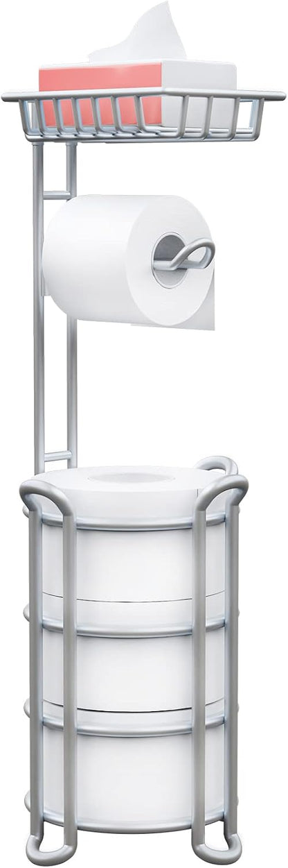 Toilet Paper Holder Stand with Shelf, Free Standing Tissue Roll Storage Rack with Dispenser for Bathroom, Black