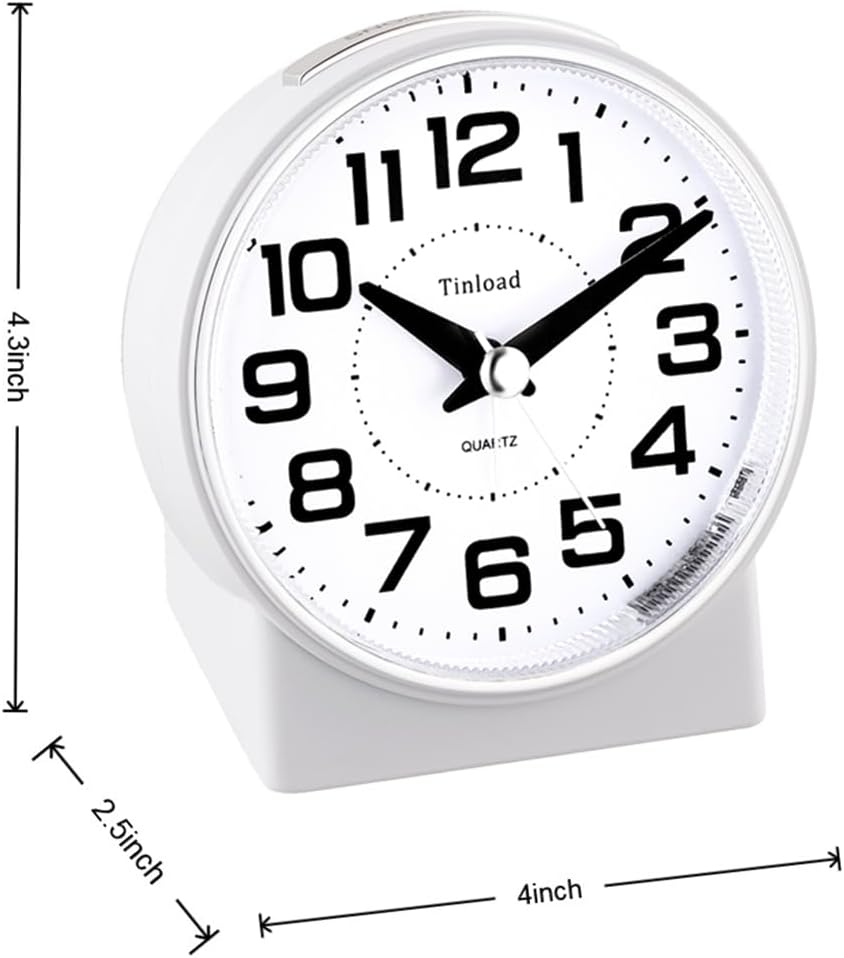 Tinload 4.3" No Ticking Analog Alarm Clock,Silent Readable for Seniors,Easy to Set,Gradual Rise Alarm,Big Numbers,On/Off Switch on Side,Gentle Wake,Snooze,Lighted on Demand,Battery Operated,Black